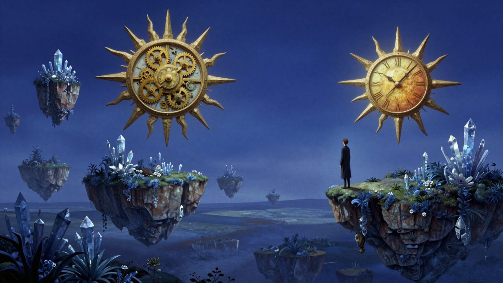 Ethereal Azure Landscape with Clockwork Sun