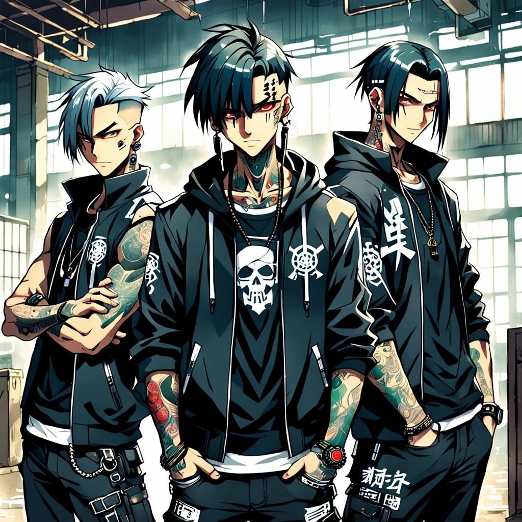 Cyberpunk Gangsters in Anime Style Warehouse