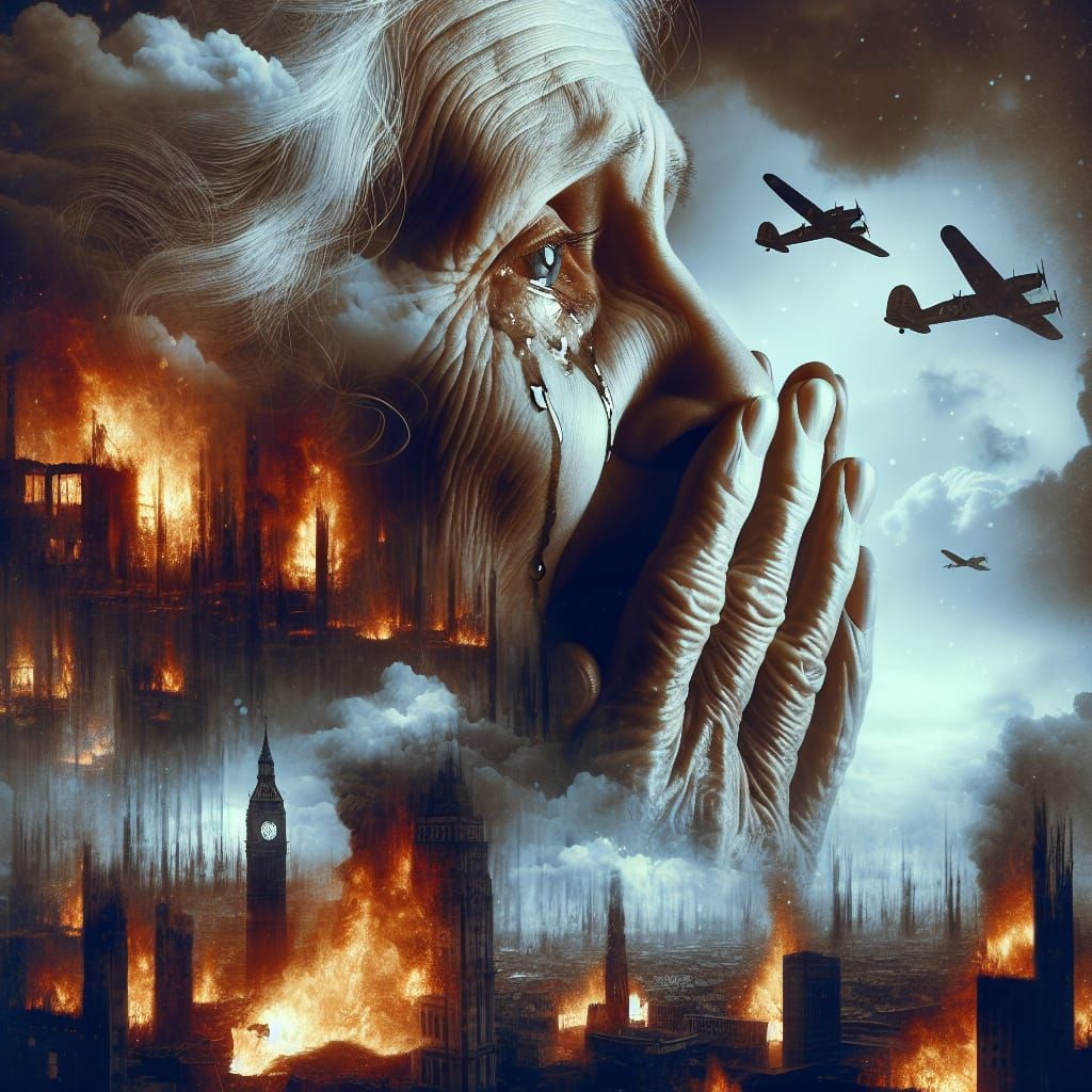 Haunting Double Exposure: Woman and Burning City