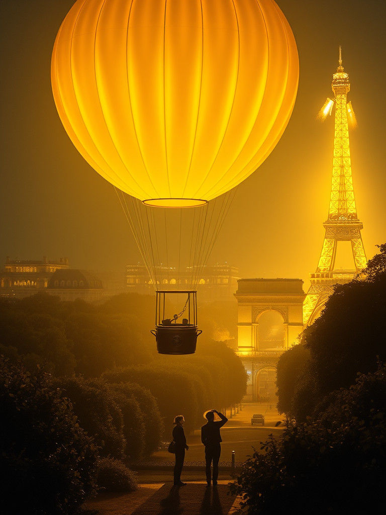 Golden Hot Air Balloon Over Paris at Night