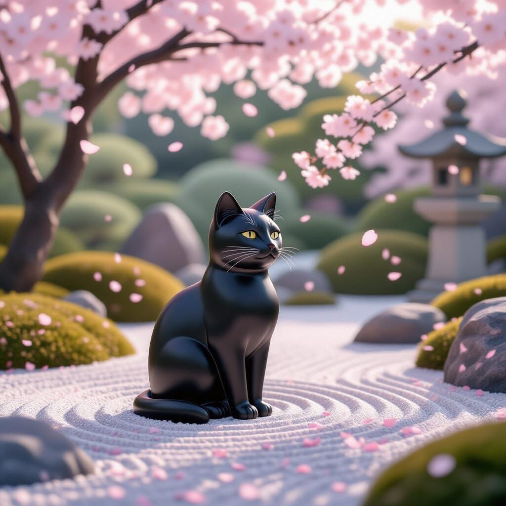 Zen Garden with Luminescent Cat Statue