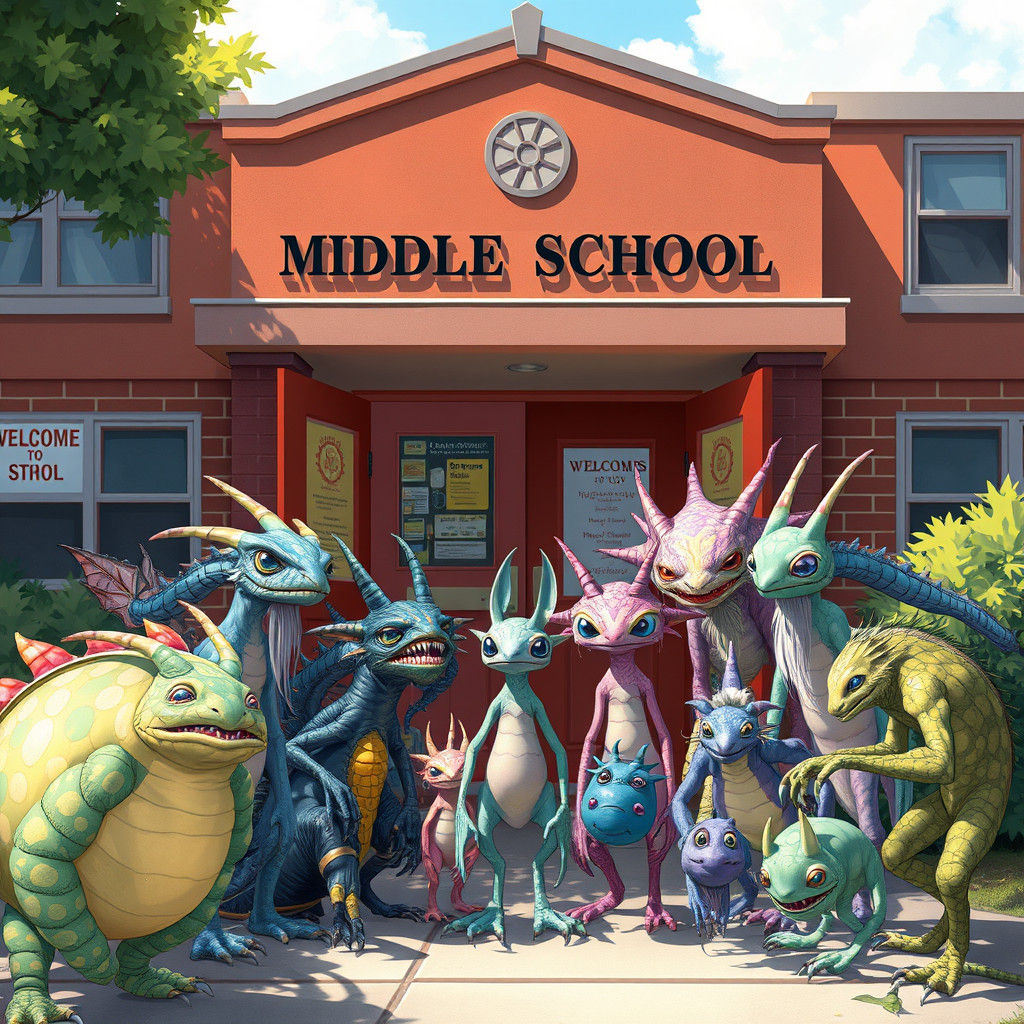 Otherworldly Creatures Gather at Middle School Entrance