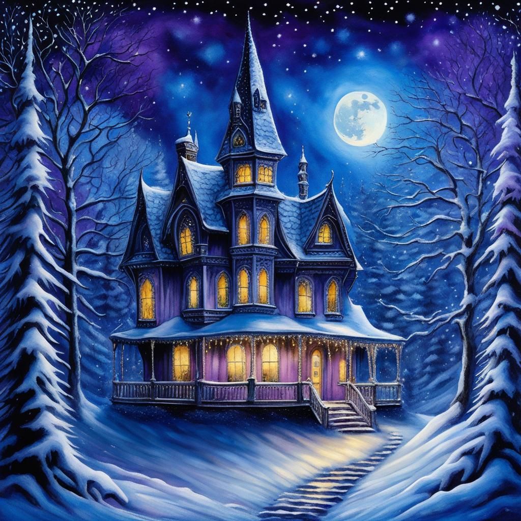 Gothic House in Winter Wonderland, Watercolor Style