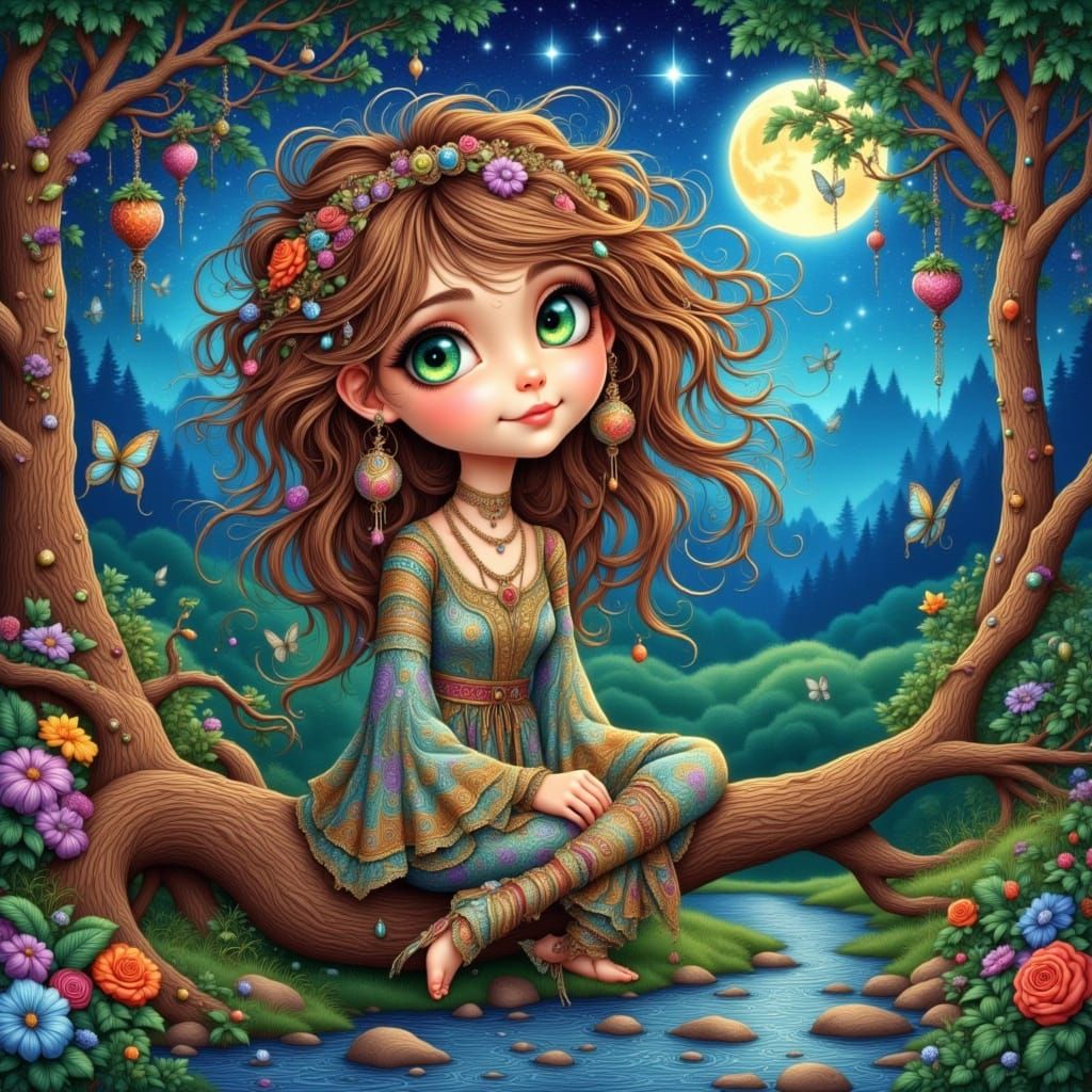 Chibi Girl in Starry Night Forest Painting