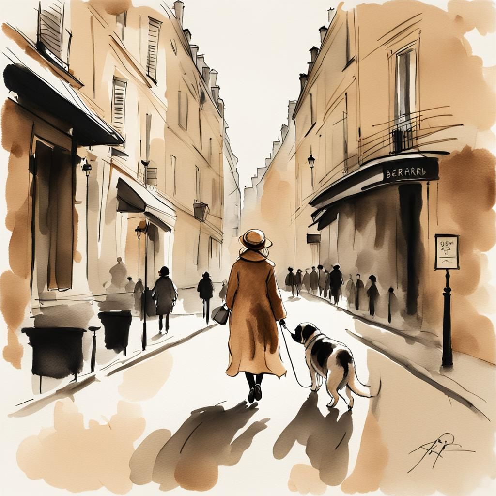 Ink and Wash Art of Woman Walking Dog in Paris