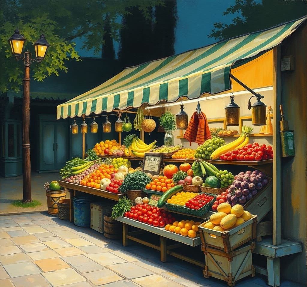 Soft Nighttime Market Scene in Vintage Gouache Style