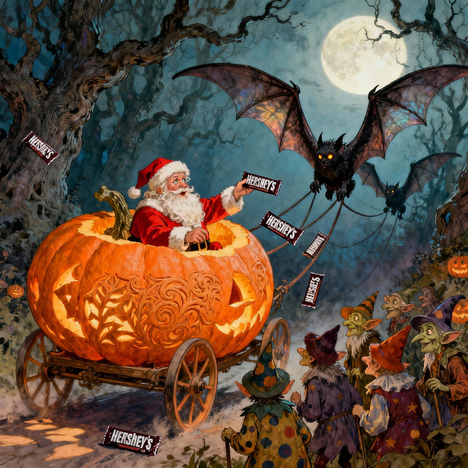 Jolly Santa in Pumpkin Carriage Pulled by Bats