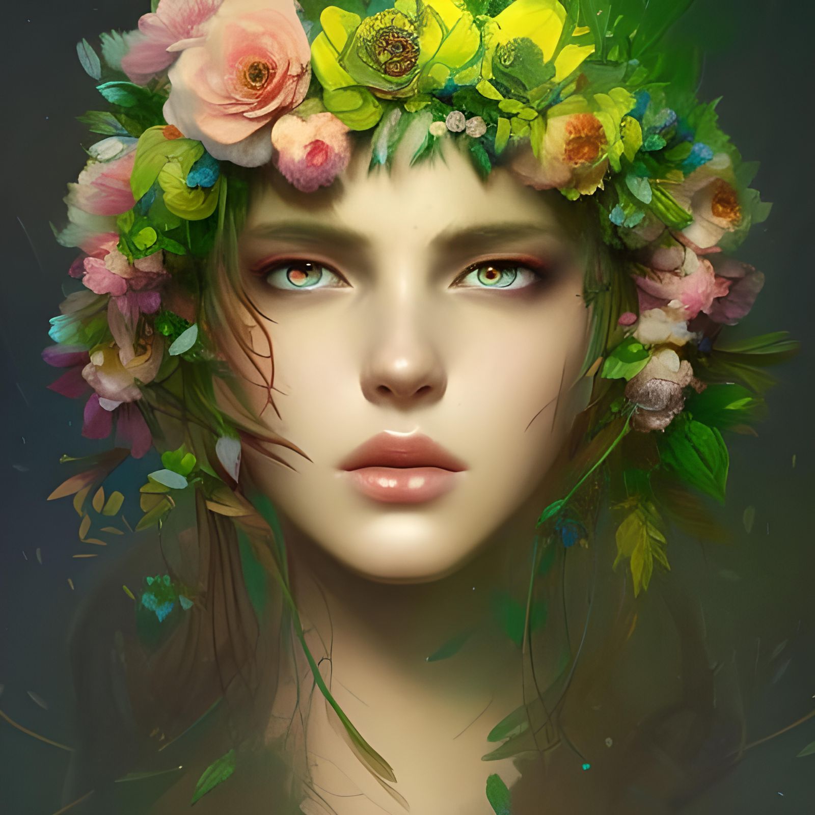 Beautiful Flower Queen with Flower Crown, Detailed Art