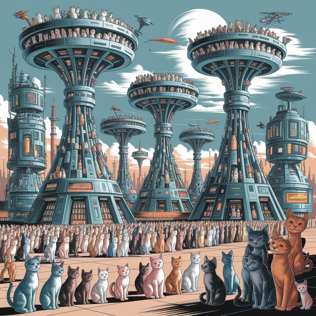 Hi-Tech Cat Trees in a Futuristic City