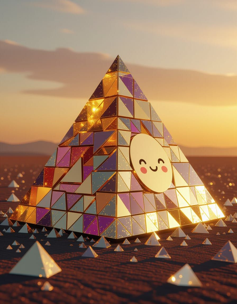 Golden Hour Pyramid Crumbling into Gold Crystals