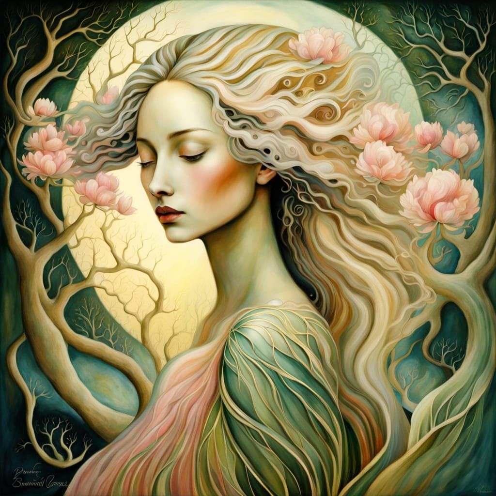 Surrealist Blossom Creature Sailing on Lake as Watercolor