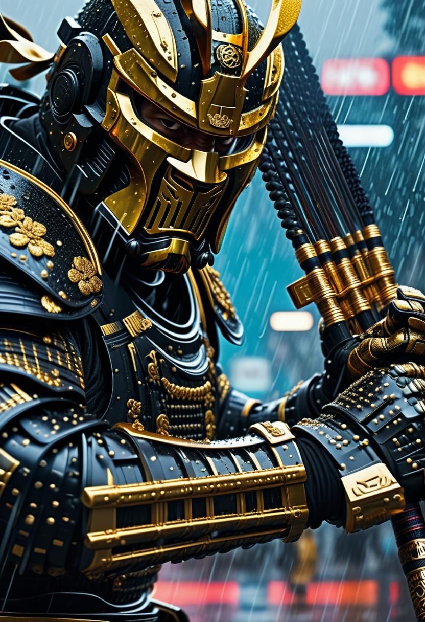 Sci-Fi Samurai in Rain: Hyper-Realistic Digital Art