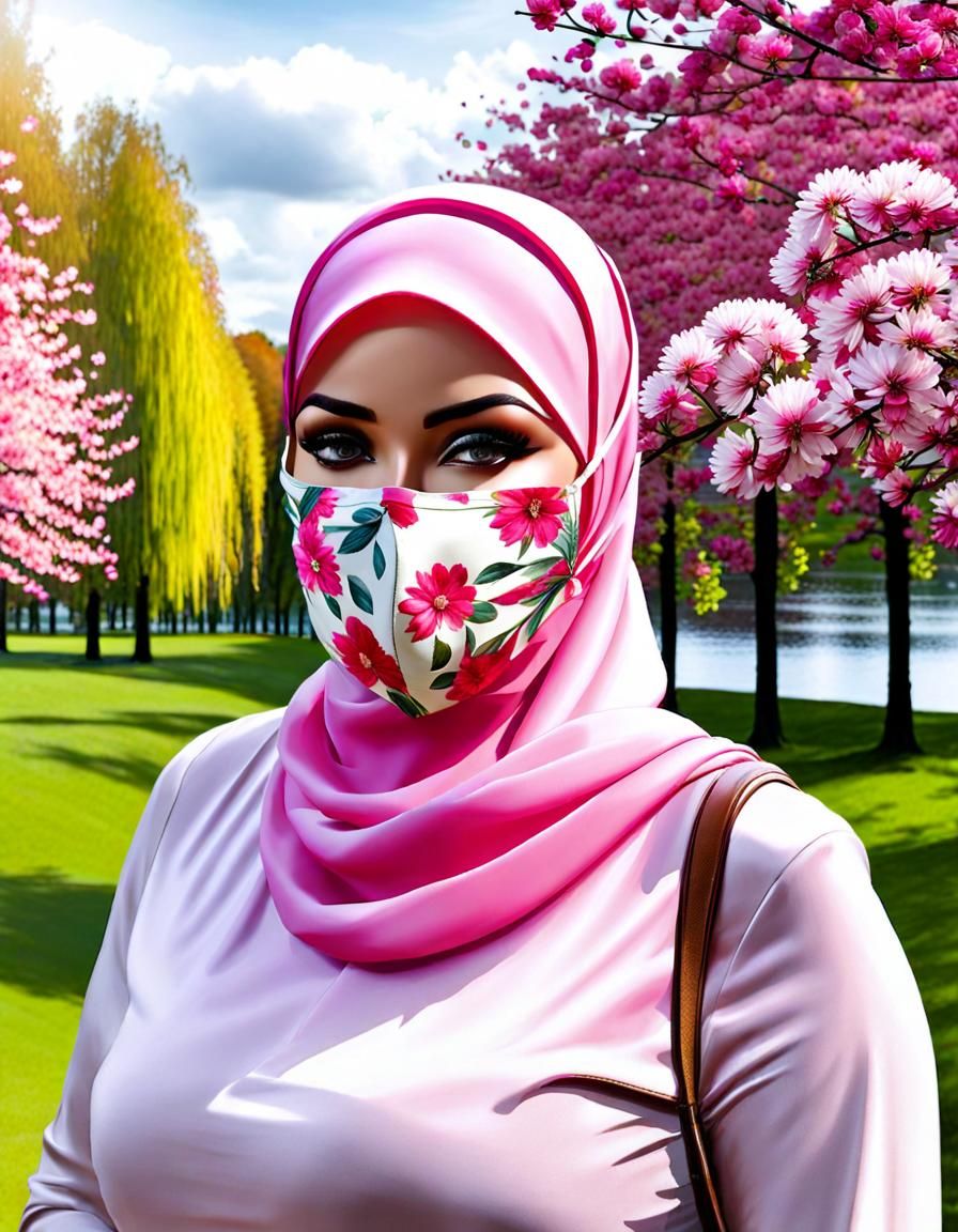 Curvy Woman in Hijab and Mask, Watercolor Portrait