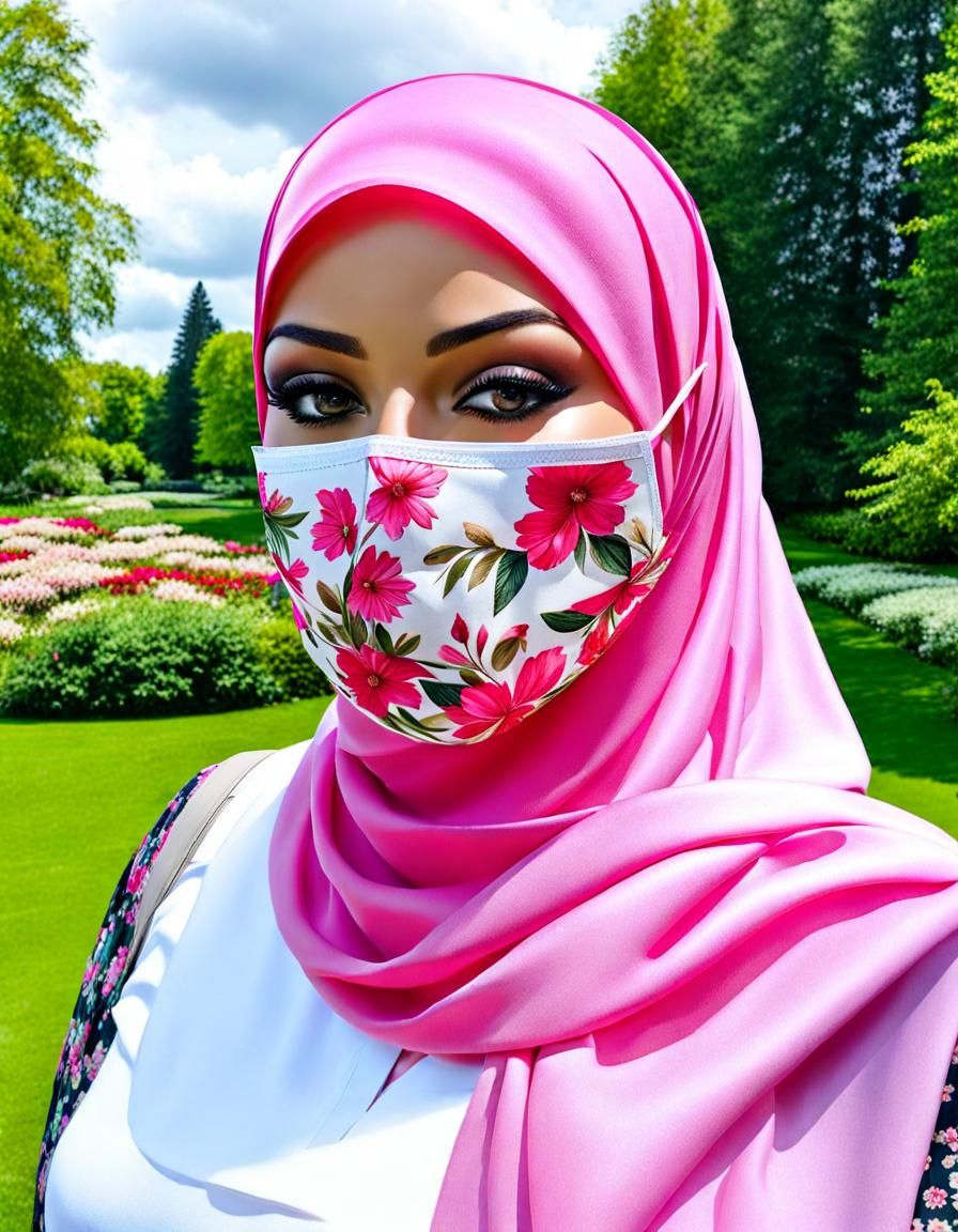 Curvy Woman in Hijab and Flowered Mask, Watercolor Portrait