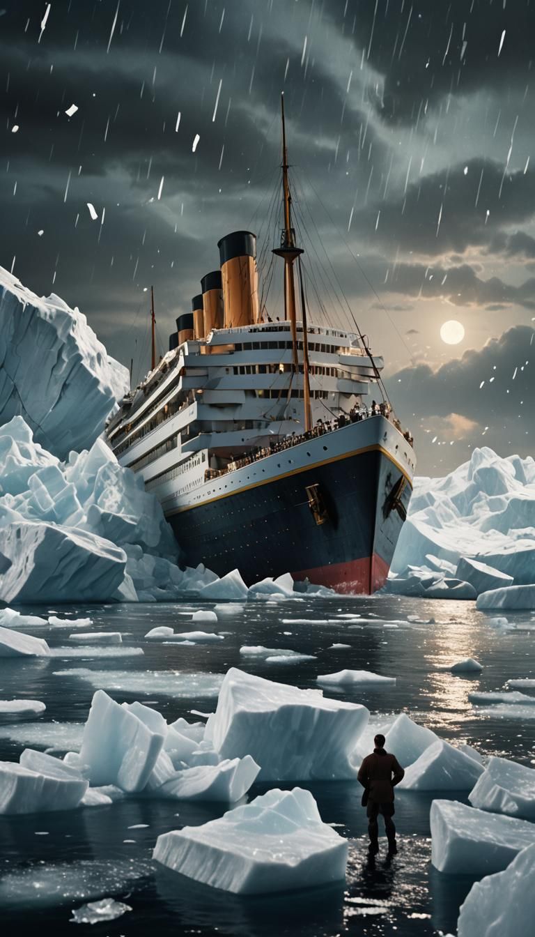 Titanic Bow Crashing Into Iceberg: Cinematic Digital Art