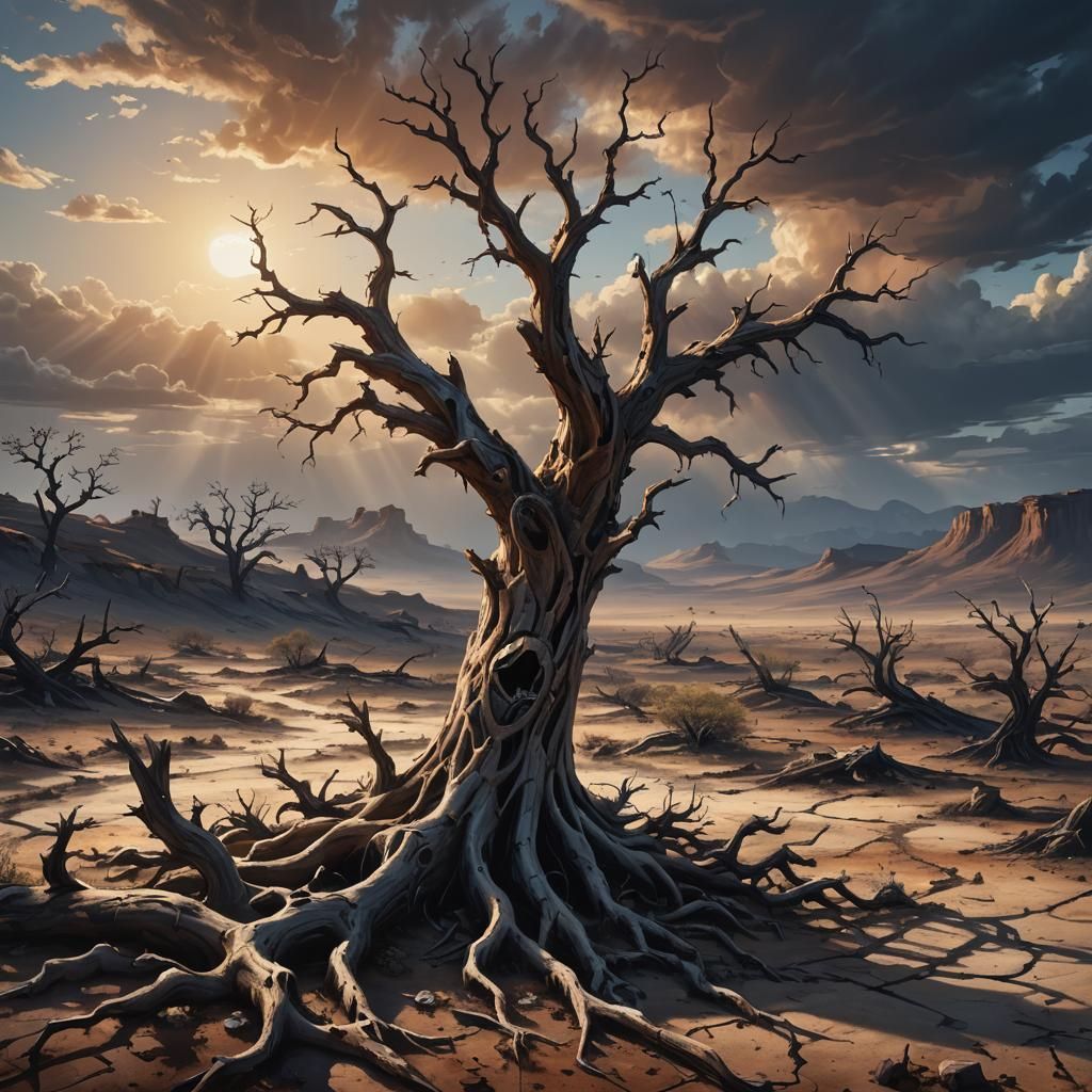 Ancient Broken Tree in Barren Landscape