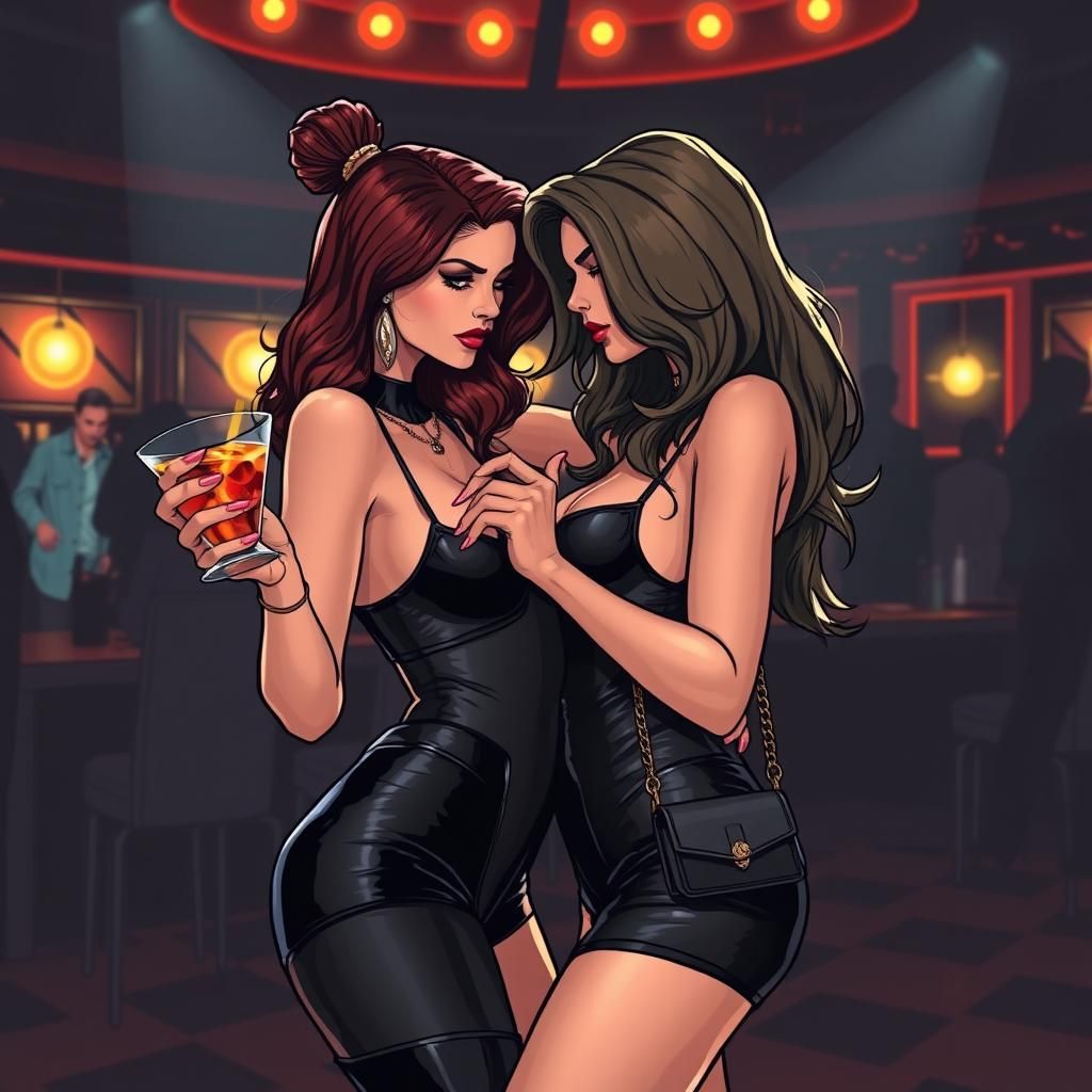 Futuristic Women Dancing in Club, Comic Book Art