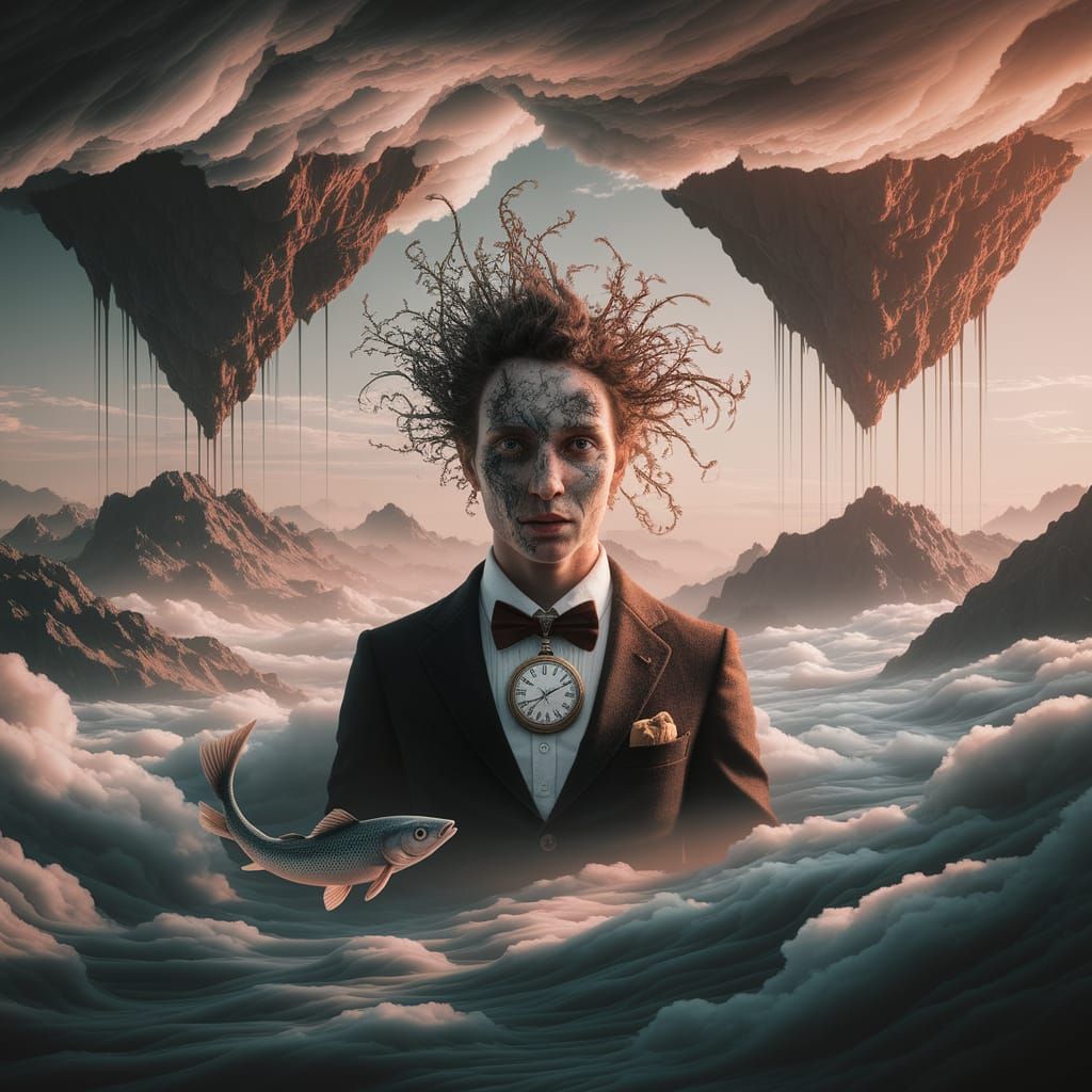 Figure in Bizarre Landscape with Swirling Mist and Inverted ...