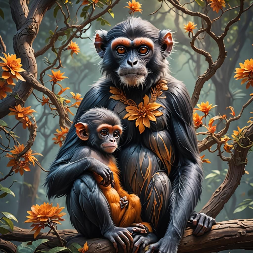 Mother monkey holding its baby