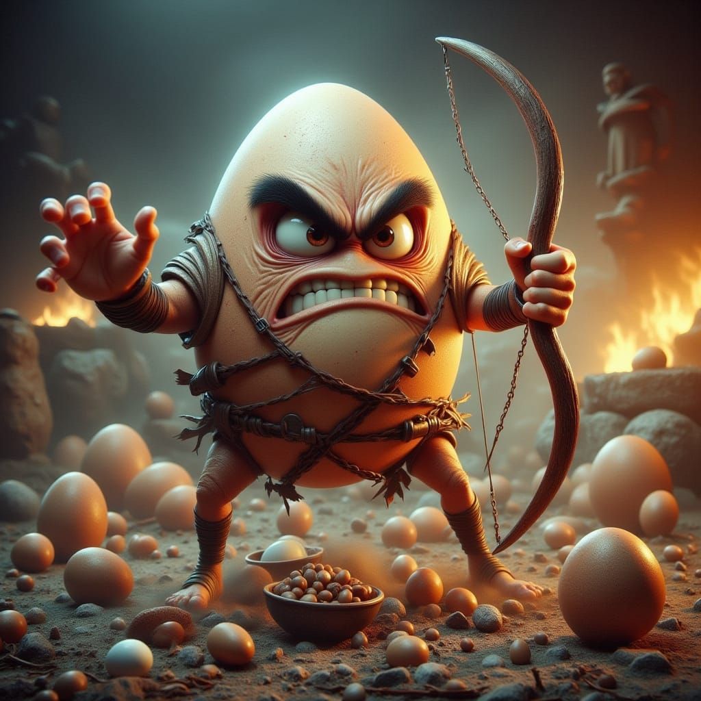 A dark swarthy anthropomorphic Angry Egg dressed as David fr...