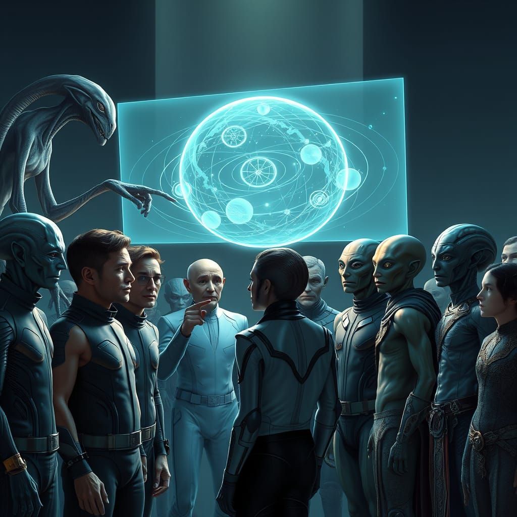 Futuristic Interstellar Gathering in Cyberpunk Style