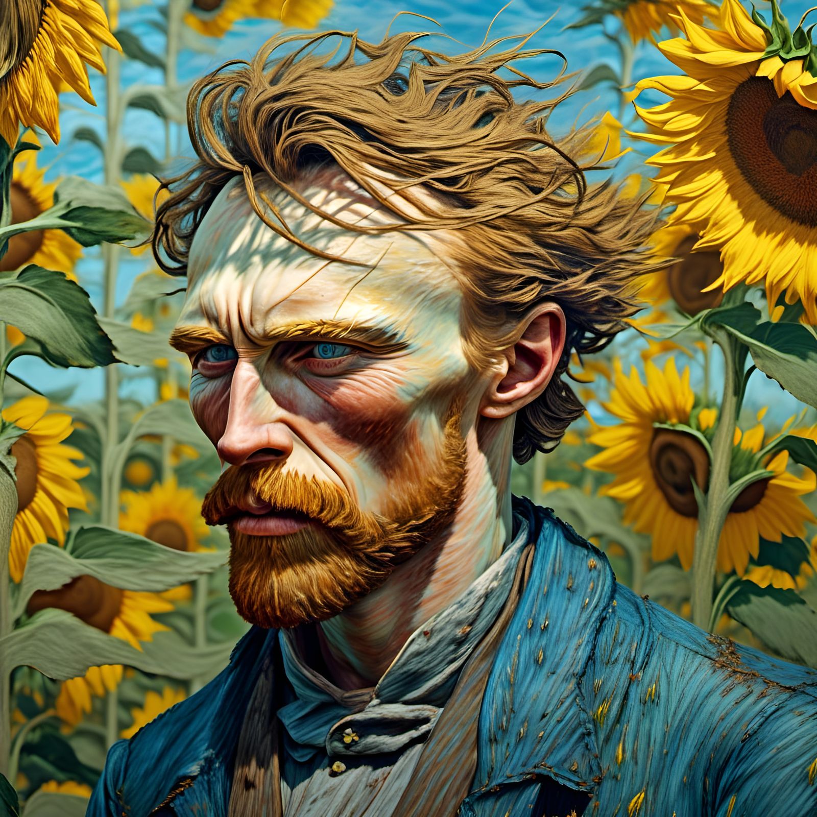 Van Gogh Portrait in Windy Sunflower Field