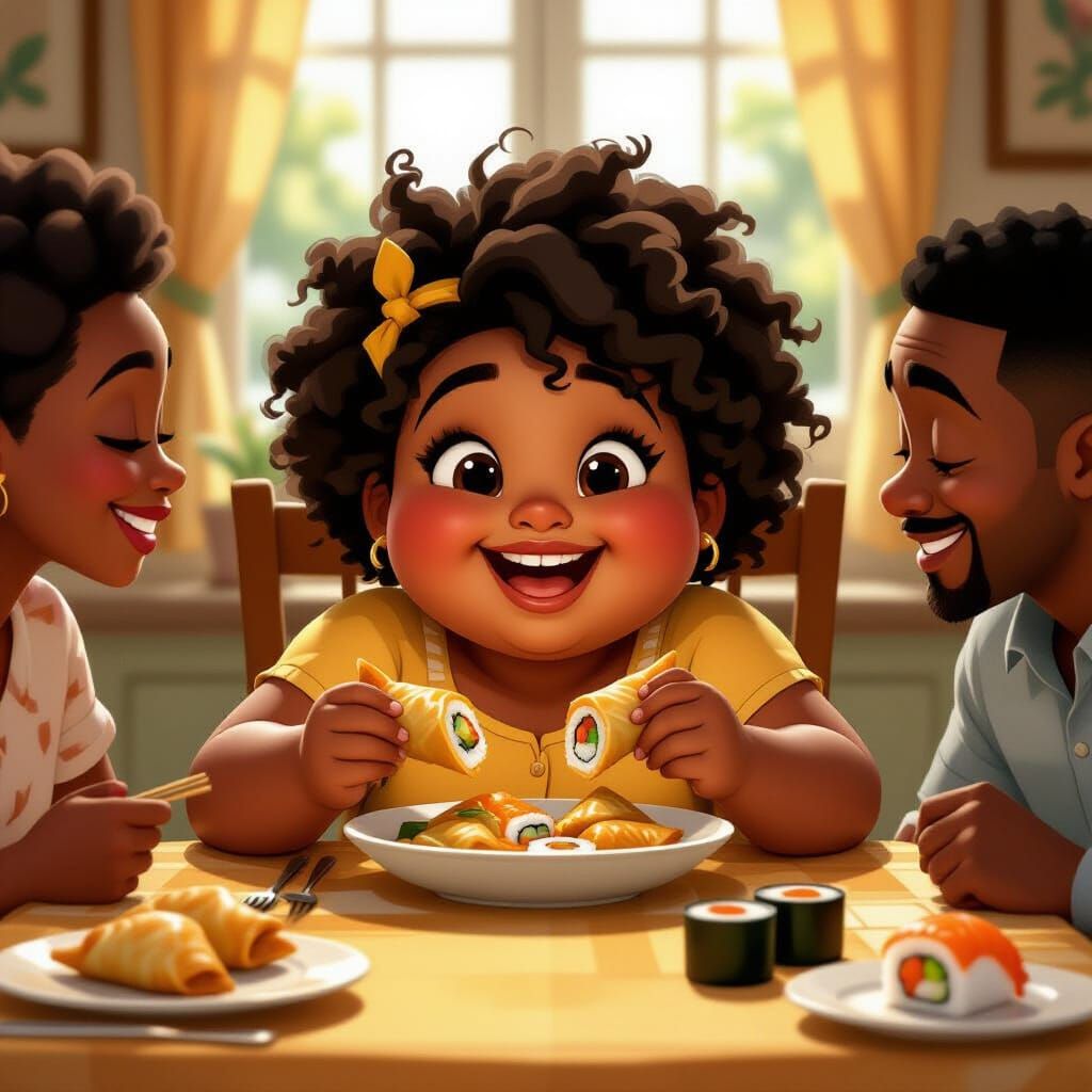 Happy Little Girl's Family Dinner in Animated Style