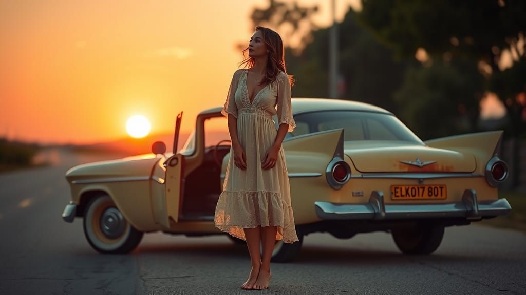 Woman Beside Vintage Car at Sunset, Leibovitz Style