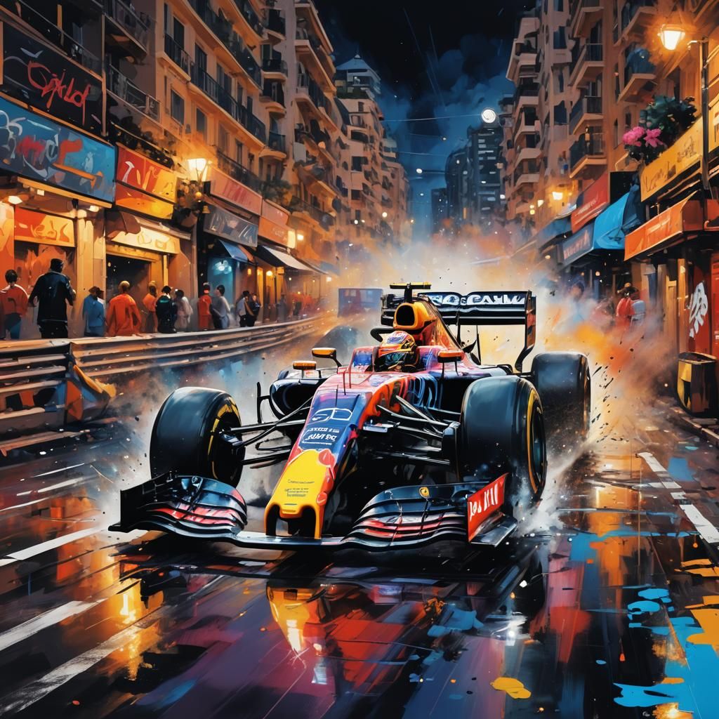 F1 Car Races Monaco GP at Night in Graffiti Art