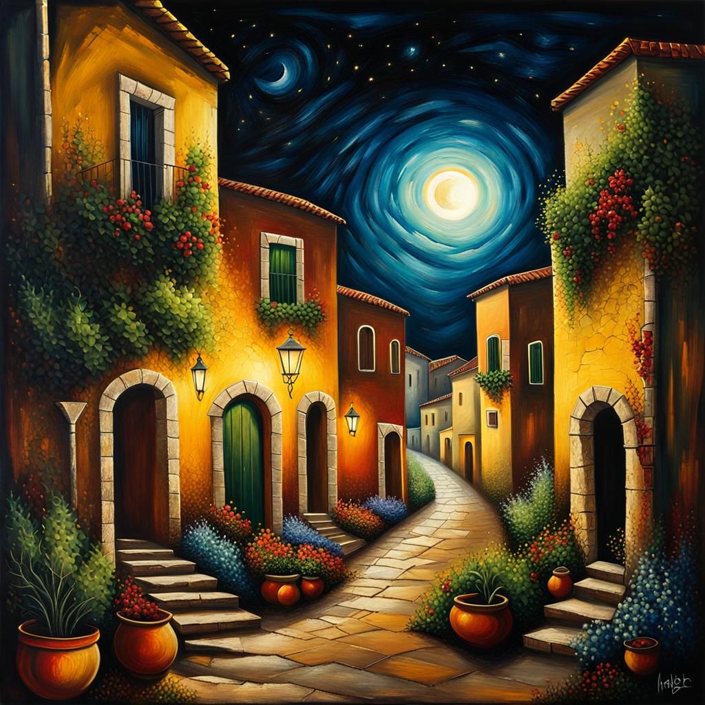 Mediterranean Town at Night: Acrylic Painting with Starry Sk...