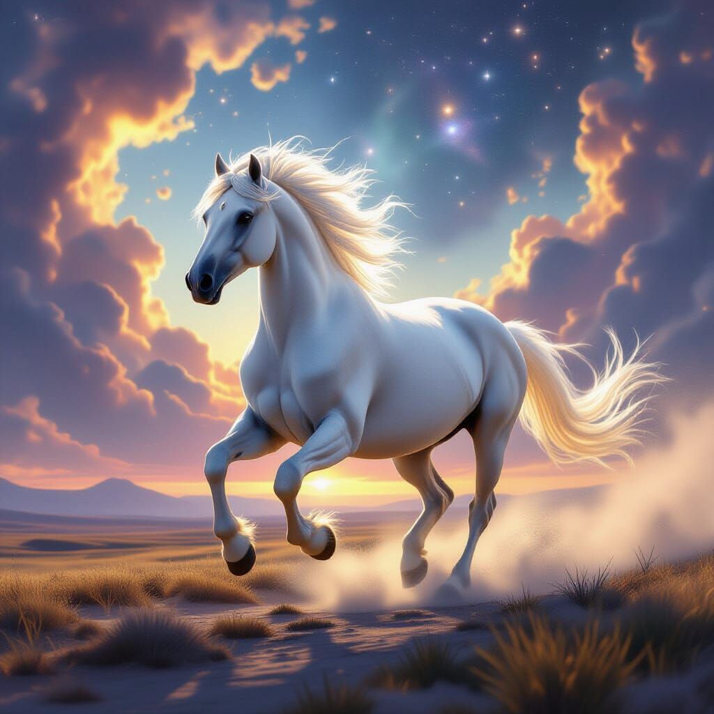 Majestic Starlight Stallion Gallops Through Cosmic Nebula
