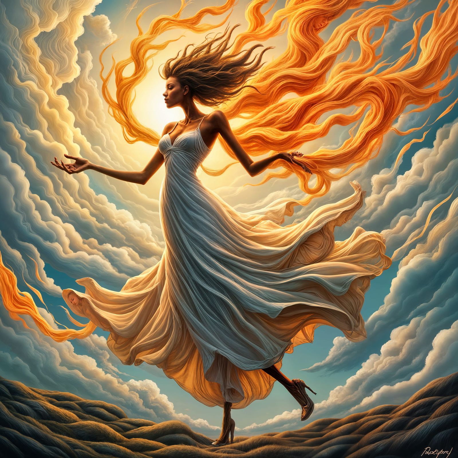 Woman in Wind and Fire, Whimsical Ethereal Art