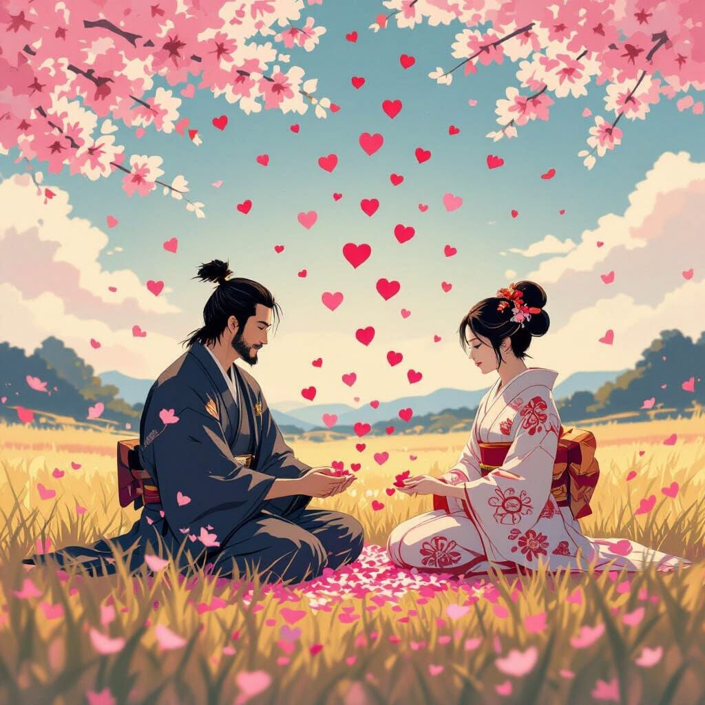 Samurai Couple Arranging Flowers in Heart Shower