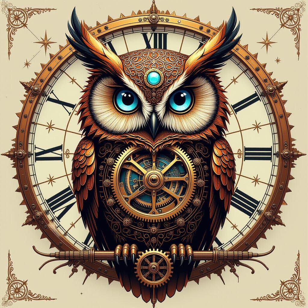Clockwork Owl with Brass Gears and Celestial Map