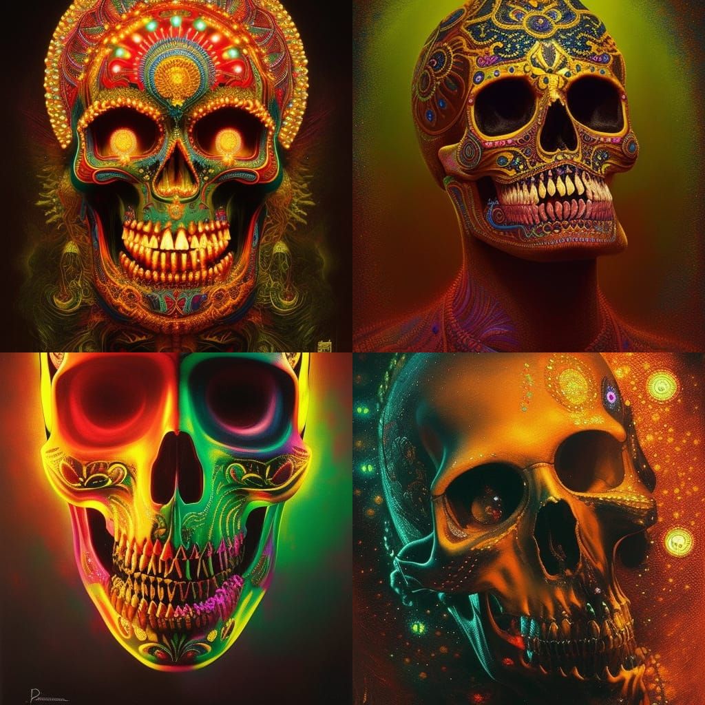 Huichol Black Light Skull in Psychedelic Art Style