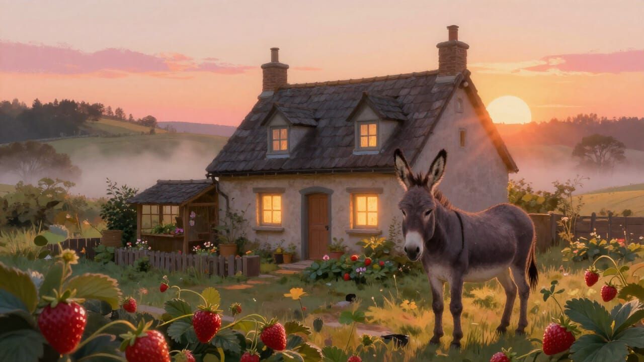 Cozy Cottage at Golden Hour with Gentle Surrealism