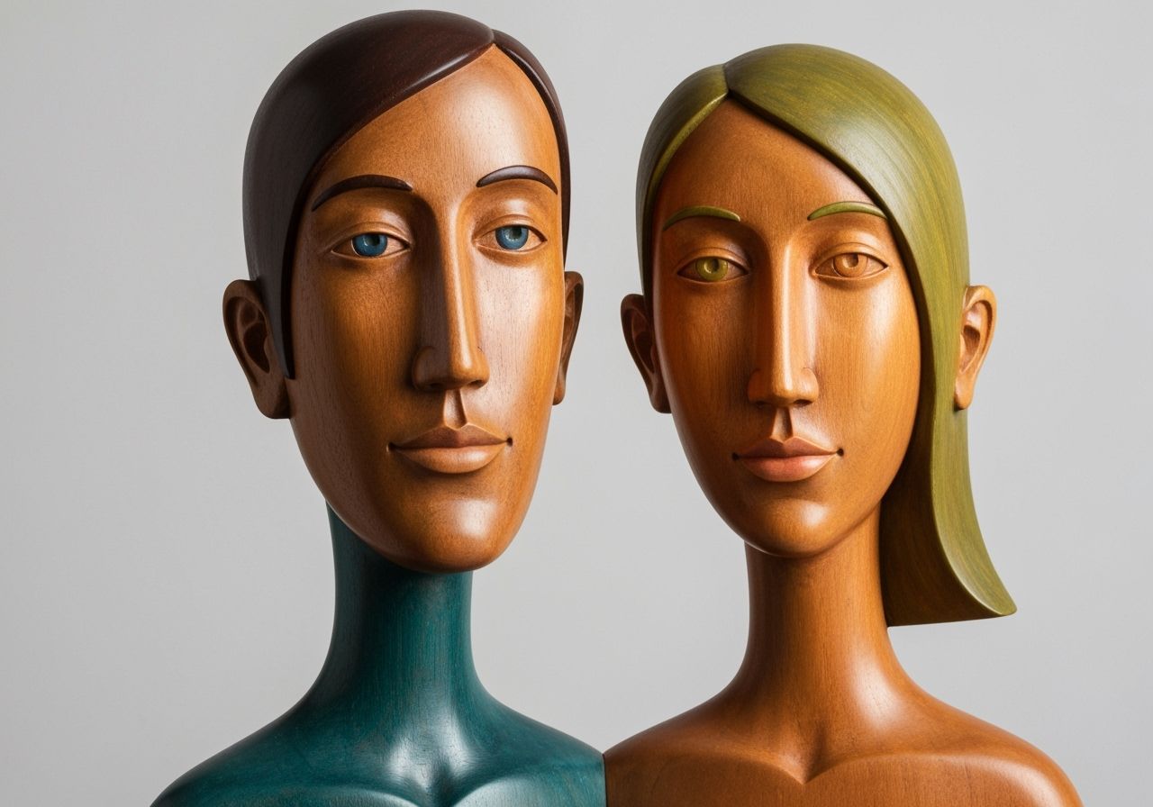 Abstract Wooden Couple Sculpture in Vibrant Colors