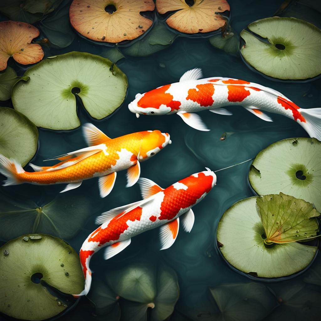 Hyperrealistic Koi Amongst Lily Pads Photograph