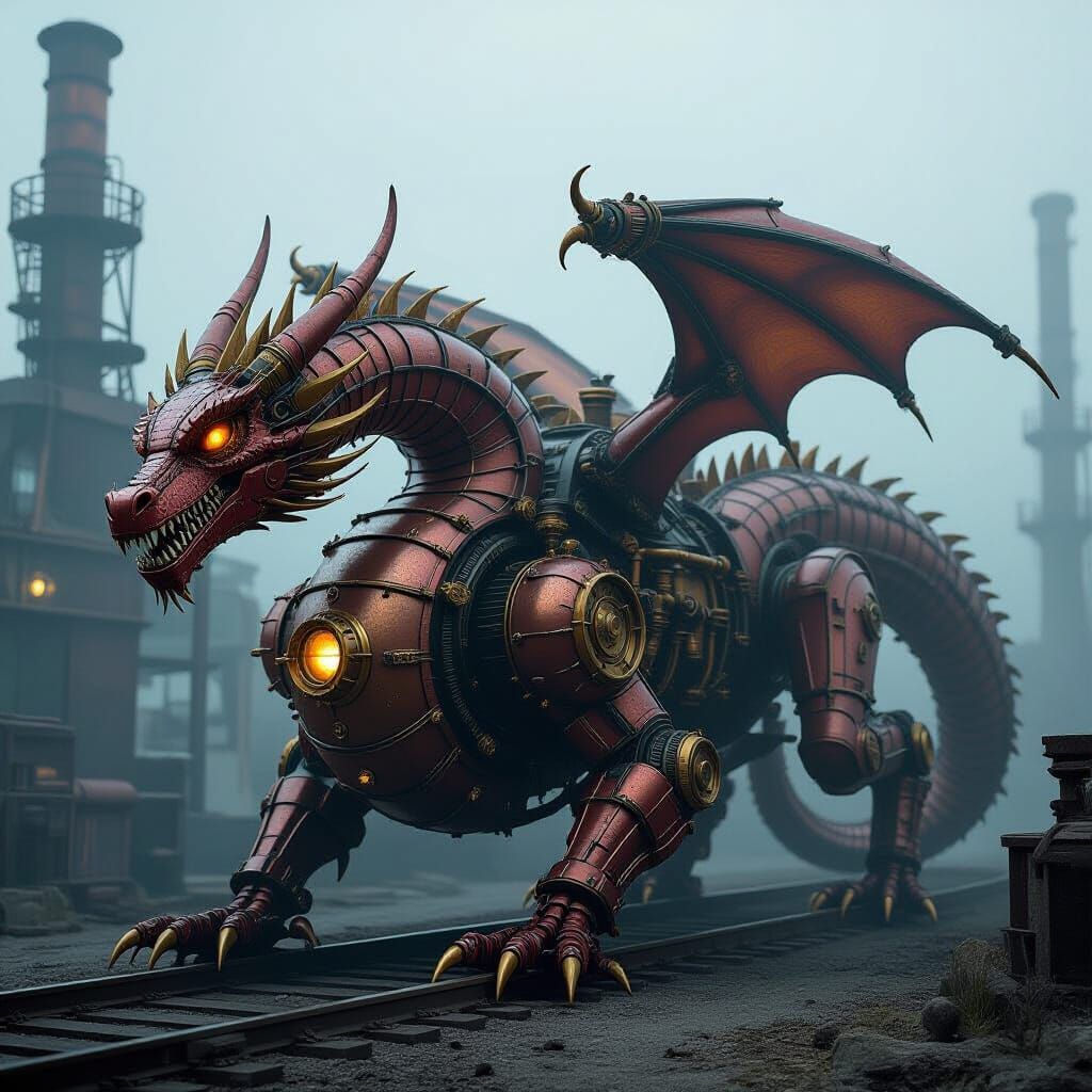 Steampunk Dragon with Copper Pipes in Foggy Industrial Setti...