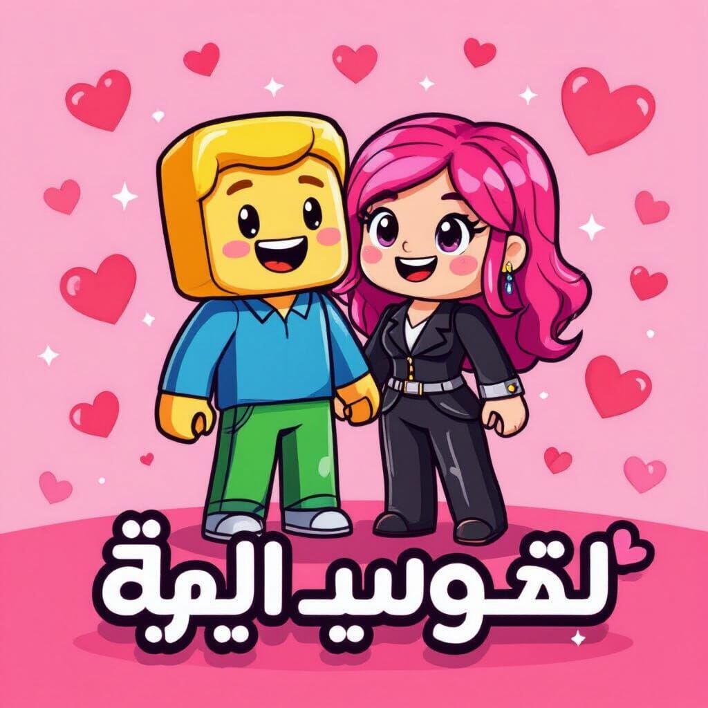 Cute Roblox Style Characters in Pink Heart Background