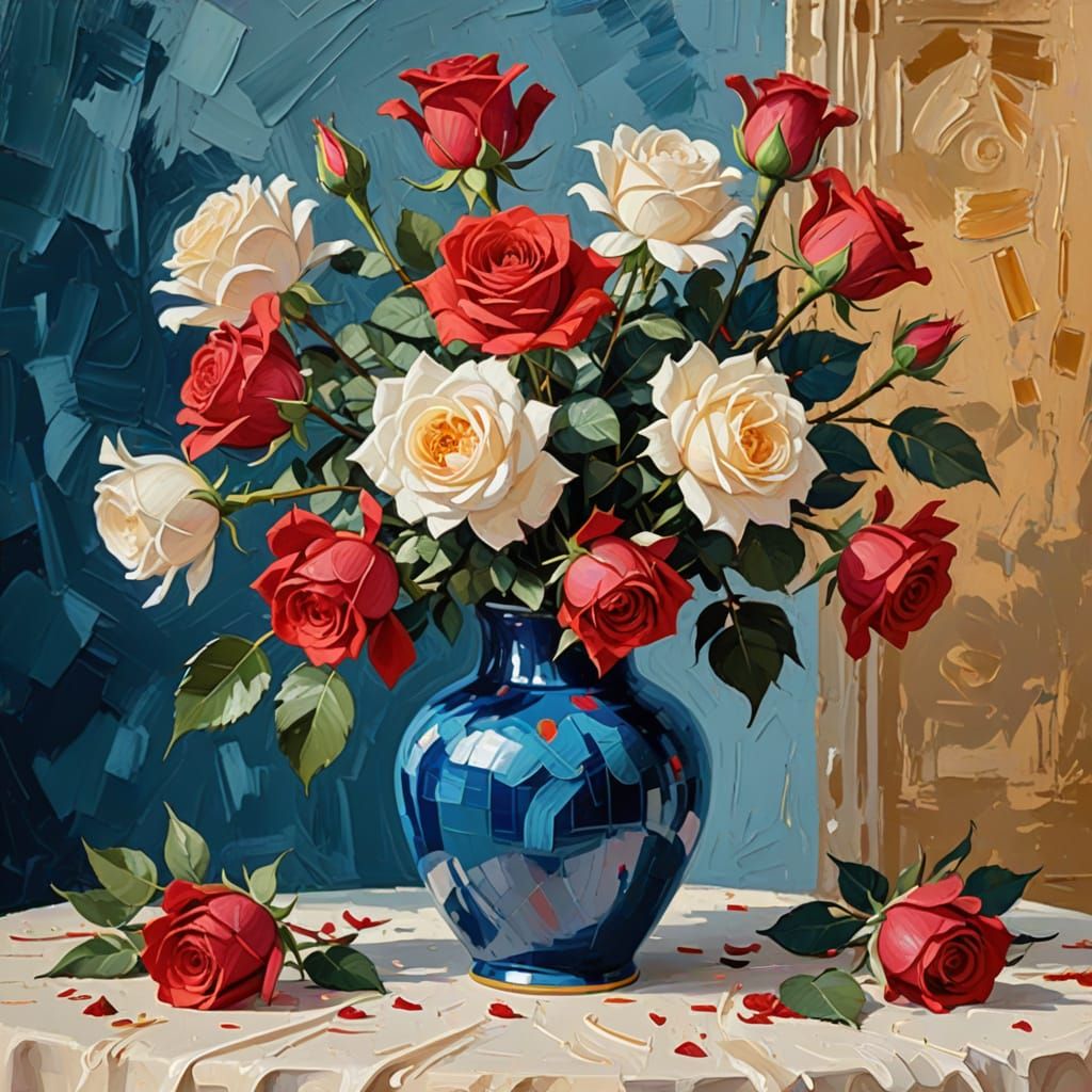Impressionist Roses in Blue Vase: Gouache Style