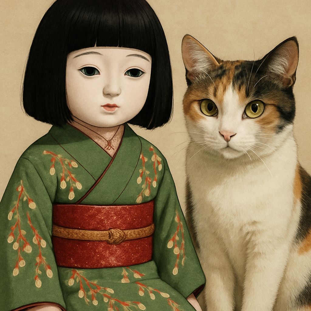 Ichimatsu Doll with Calico Cat in Anime Style