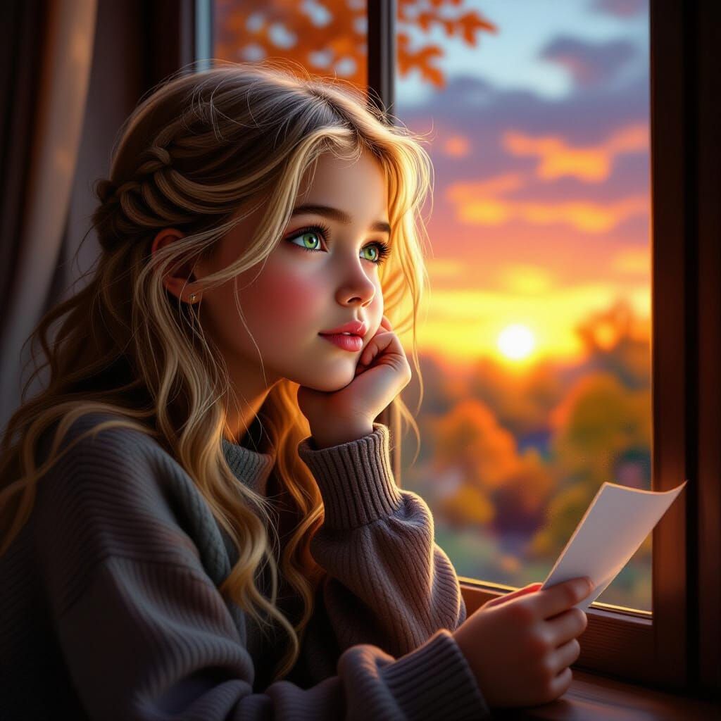 Photorealistic Portrait of Girl Gazing at Autumn Sunset