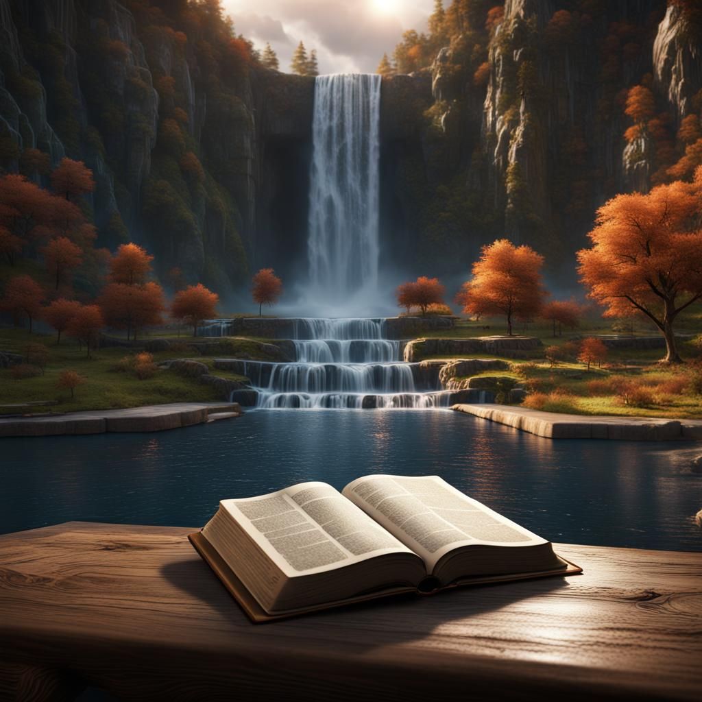 Bible and Waterfall: Fantastical Concept Art