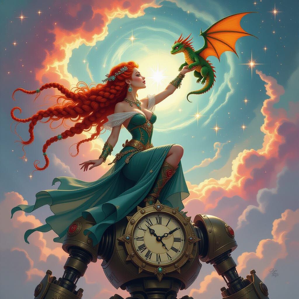 Sorceress and Dragon on Clockwork Golem, in Fantasy Art Styl...