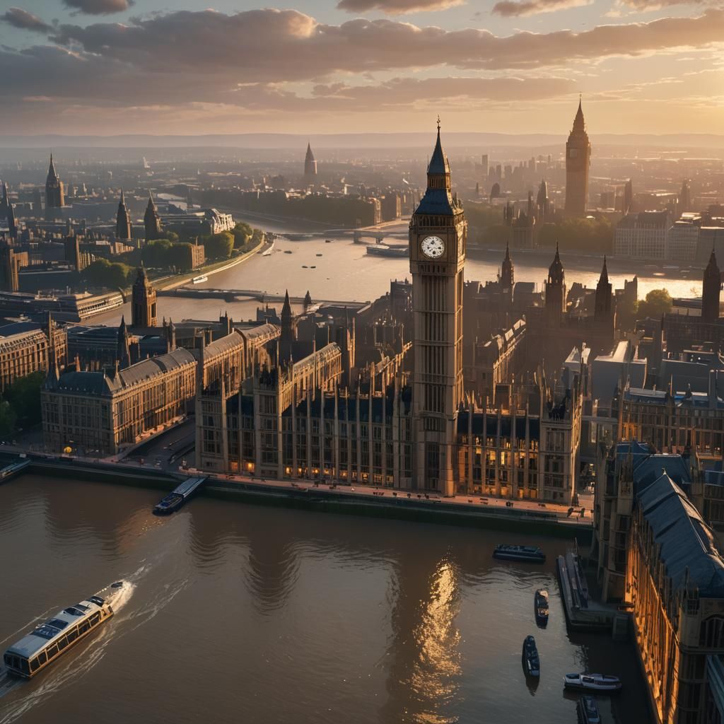 Big Ben and Thames at Sunset in 3D