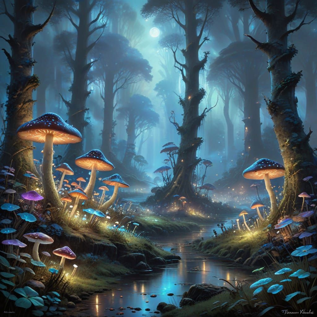 Ethereal Bioluminescent Mushroom Grove in Fantasy Style