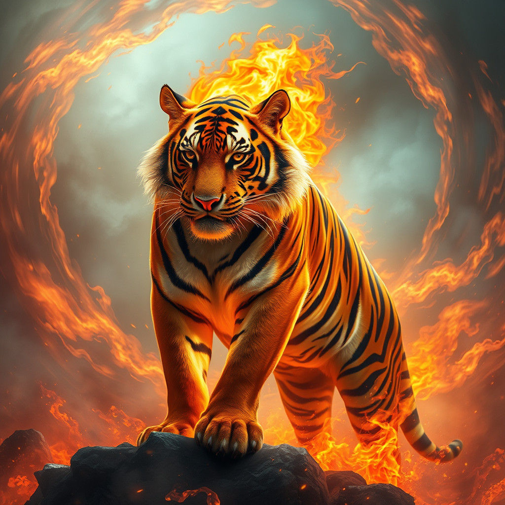 Majestic Fire Tiger in a Mystical Realm