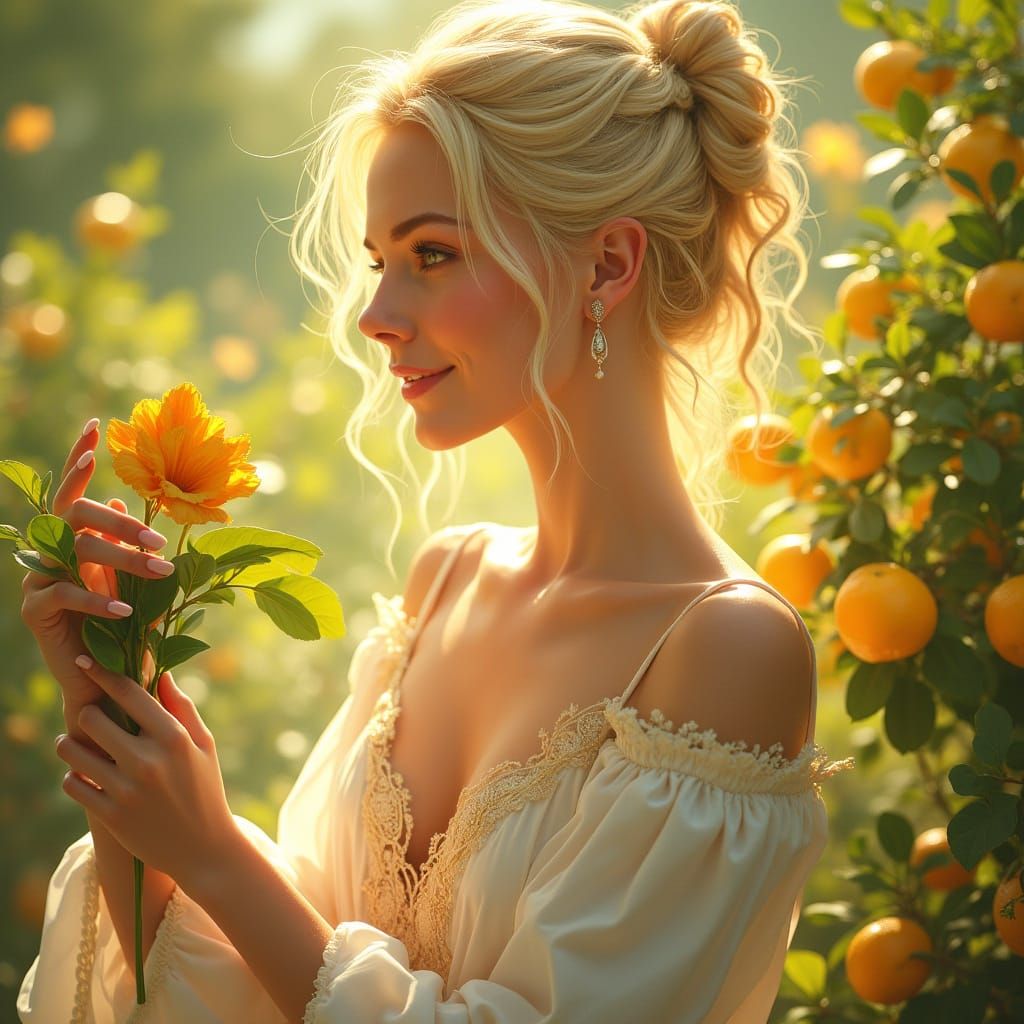 Blonde Woman in Garden, Art Nouveau Style