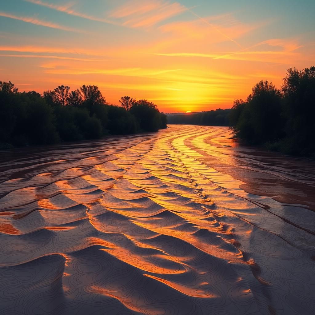 Sunset River with Abstract Geometric Reflections